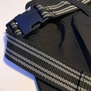 Plugg men’s shorts. Black striped Belt with Buckle. New with tags, size 33”x24”
